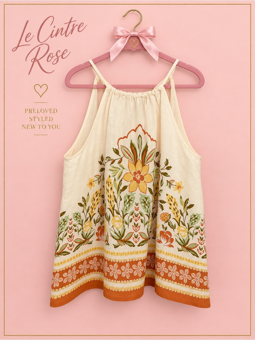 Skies Are Blue Cream Floral Halter Top with Orange and Green Accents